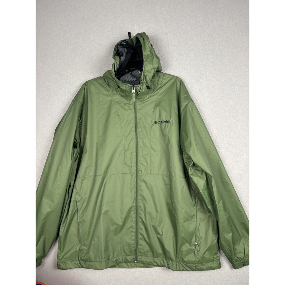 Columbia Jacket Mens XL Green Hooded Windbreaker Full Zip Packable Lightweight